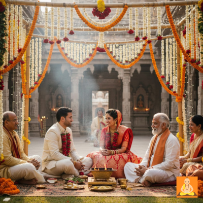 Authentic Vedic Vivah setup in Gurugram Mandir with holy fire and mantras.